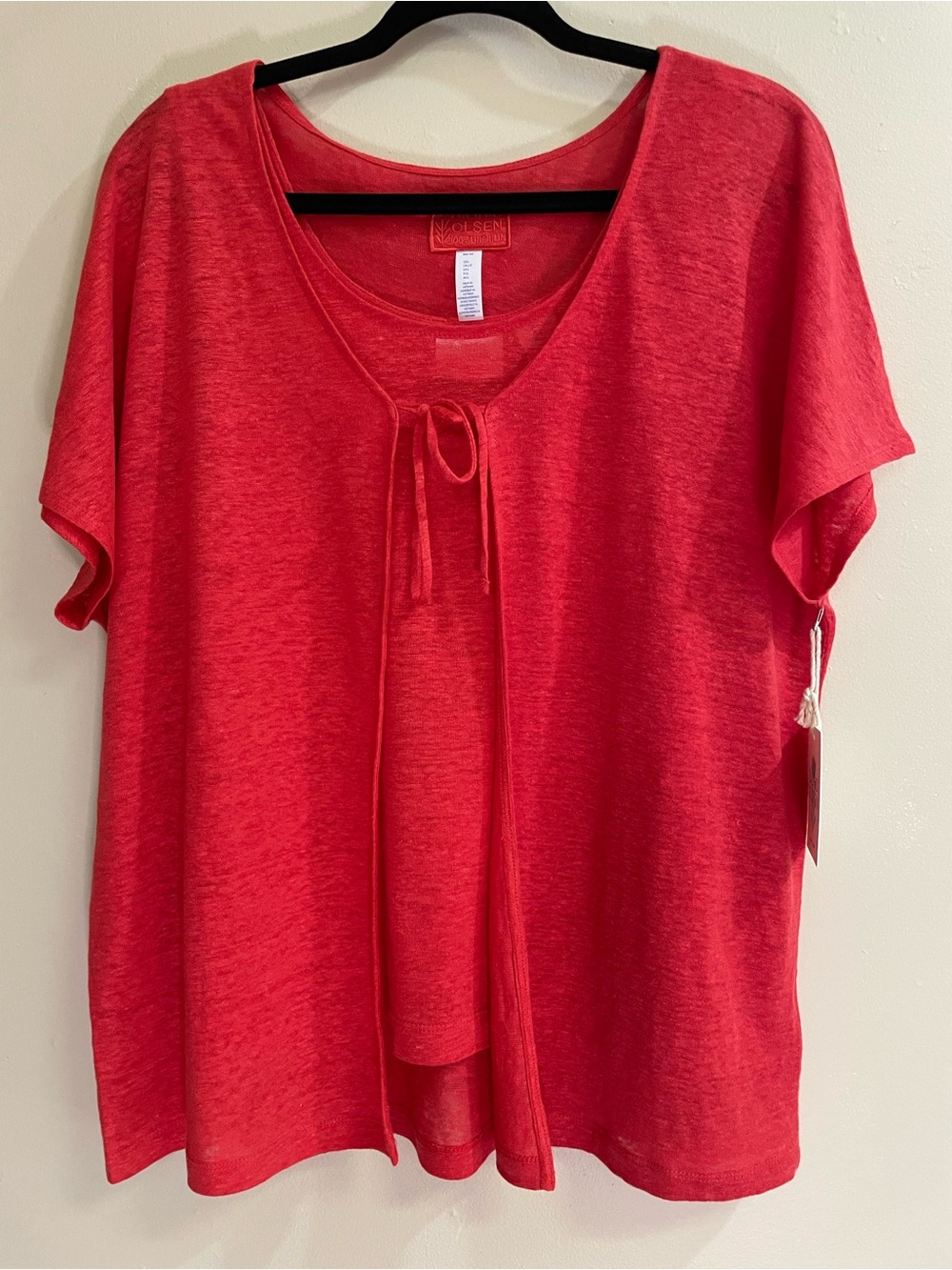 Sigrid Olsen 100% Linen Two-Piece Set Red Tank + Short Sleeve Cardigan Size L